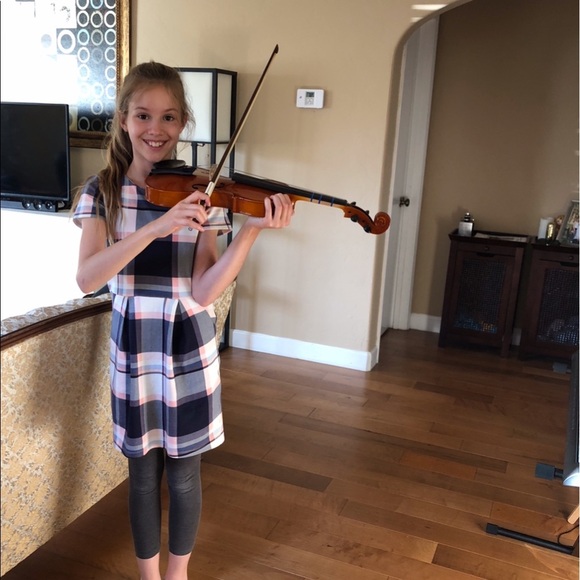 H&M Girls 8-10 Blue and Pink Plaid Pleated Shift Dress Pockets Academic School - Picture 2 of 8